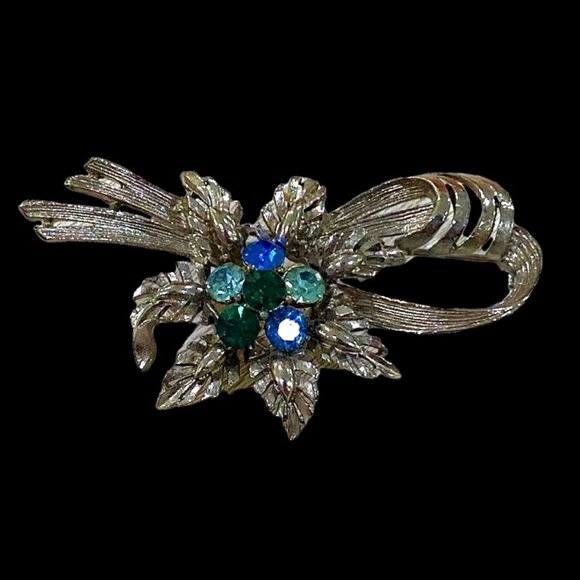 Vintage Rhinestone Brooch Bow Flower Silver-tone 6 Blue & Green Stones 2 Inch - Picture 8 of 8